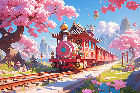 粉色小火车穿过盛开的花卉图片