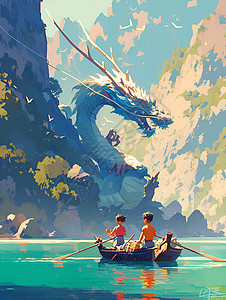 童趣龙舟漂流插画图片