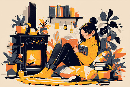 女孩坐在壁炉旁看书图片