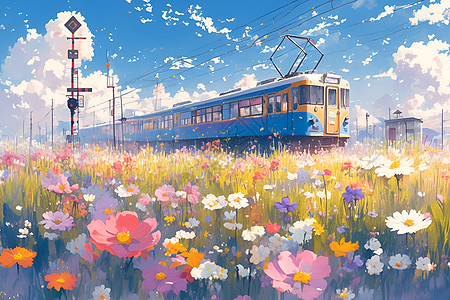 白色列车驶过盛开的花海图片