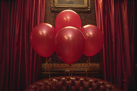 红色窗帘前的气球图片