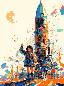 少女驾驶火箭的插画图片