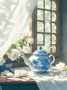 茶杯花白瓷茶壶的自然之美插画