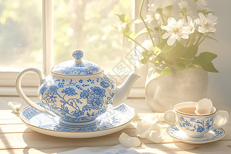 美丽的蓝白瓷茶壶图片