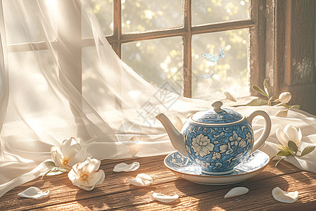 蓝白的茶壶图片