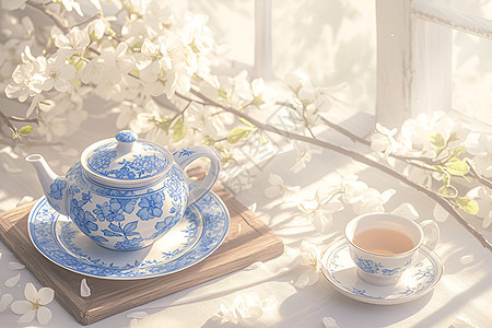 精美的蓝白茶壶图片