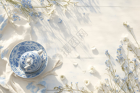 白花瓣簇拥下的蓝白瓷茶壶图片