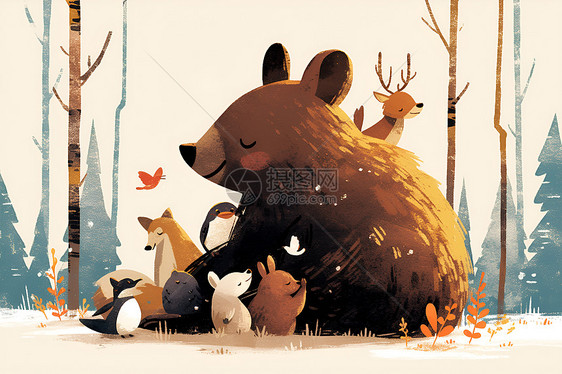 森林中的熊与其他动物玩耍图片