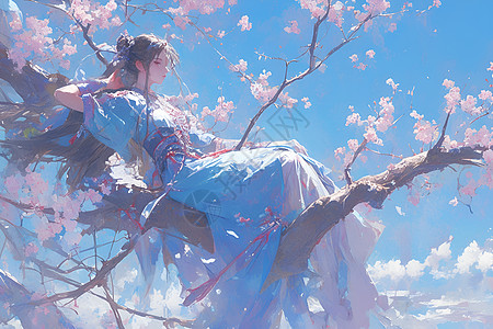 桃花树枝上坐着的少女图片