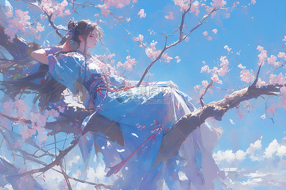 桃花树枝上坐着的少女图片
