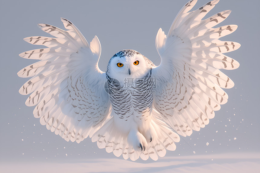 飞翔中的雪鸮在蓝天下图片