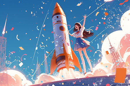 女孩乘坐火箭飞行图片