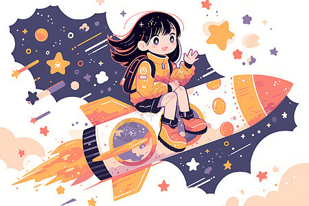 欢乐少女驾着火箭冲向星空图片