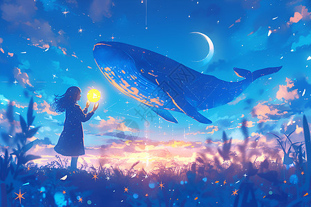 星空下的奇幻少女与鲸鱼图片