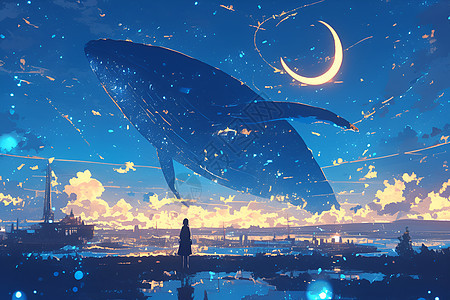 彩绘夜空中的奇幻蓝鲸图片