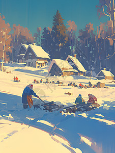 冬日村庄村民的插画图片