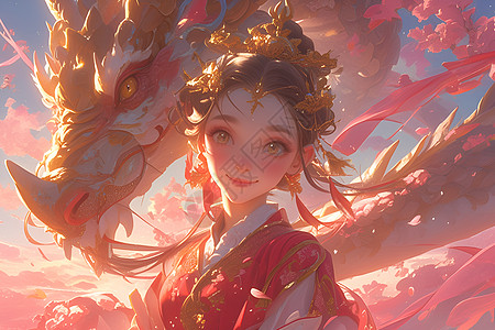 长发女生红裙少女与神龙插画