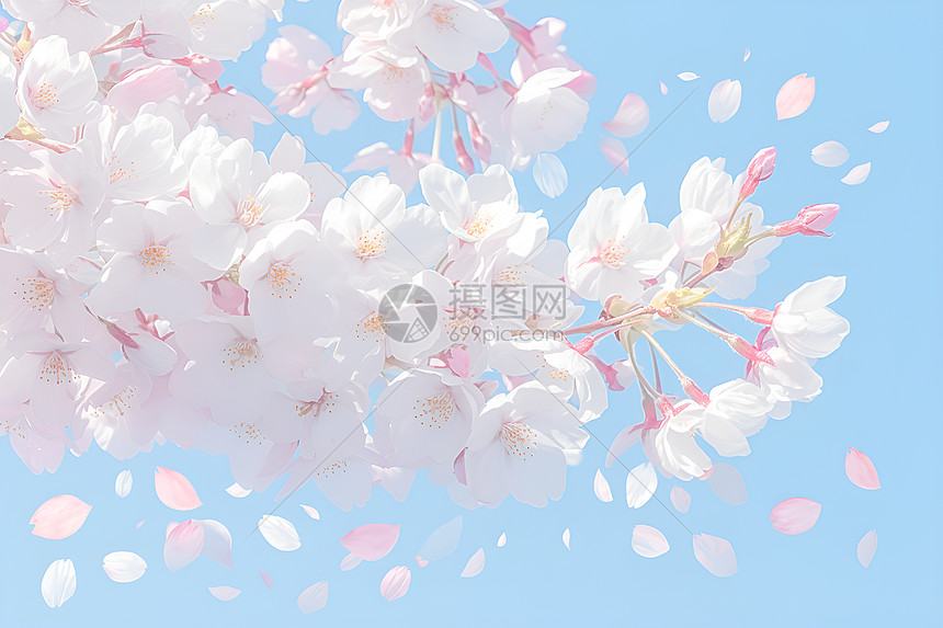 白色樱花盛开在蓝天下图片