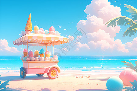 阳光沙滩上的冰淇淋车图片
