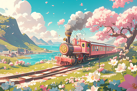 彩色火车穿越梦幻花海图片