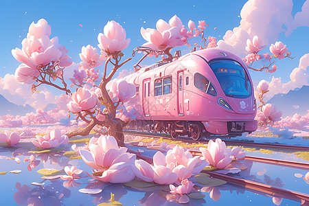 花海美景中的火车图片