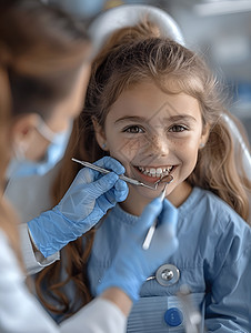 小女孩在牙医椅上接受治疗图片