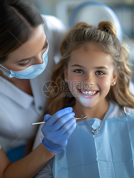 快乐的女孩在牙医诊所接受专业检查图片