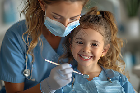小女孩在接受牙医检查图片