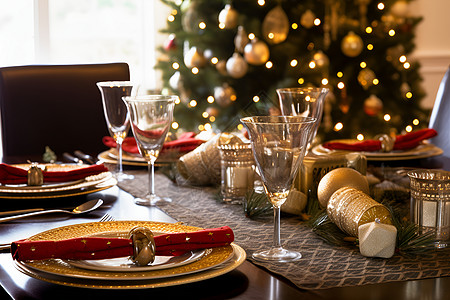 圣诞节桌子上的杯子和盘子图片