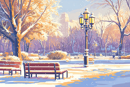 冬季公园中的长椅插画图片