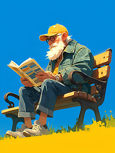 老人看报纸阅读长凳高清图片