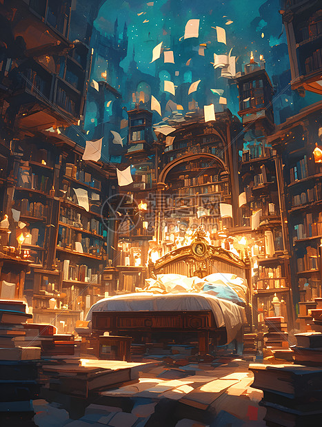 魔幻图书馆内的床图片