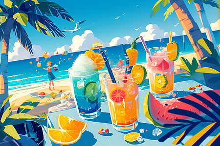 沙滩上的饮品图片