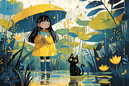 雨中的小猫和女孩背景图片