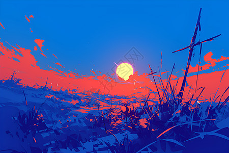 日落时的草地插画图片