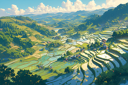 山谷中的水稻田图片