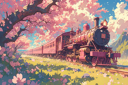 花树下的火车图片