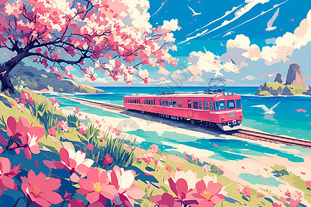 列车驶过樱花树图片