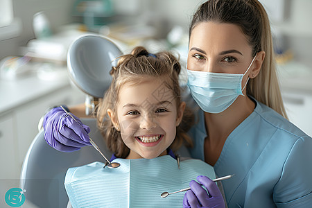 女孩戴口罩小女孩与女牙医背景