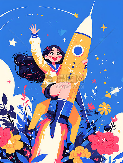 飞火箭上开心的女孩图片