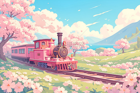 火车驶过樱花树图片