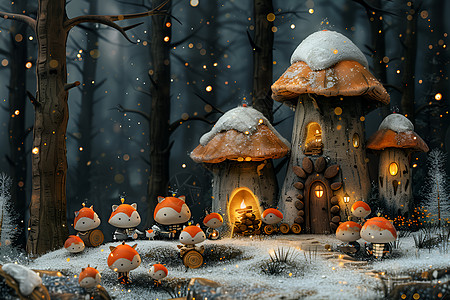 雪蘑菇雪地上的蘑菇屋插画