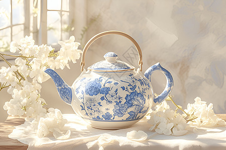蓝白花纹茶壶图片