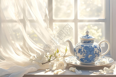窗帘下的青瓷茶壶图片