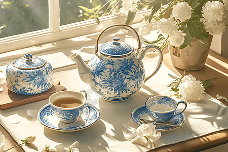 白蓝相间的茶具图片
