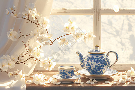 窗户下的青花茶具图片