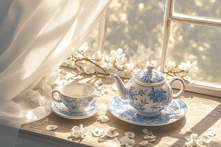阳光里的白瓷茶具图片