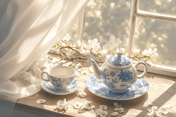阳光里的白瓷茶具图片