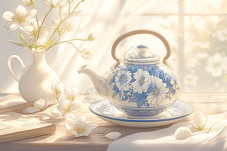 阳光里的蓝白茶壶图片