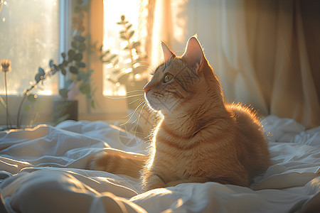 猫优雅地坐在床上图片